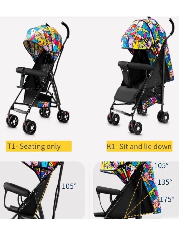 PENG GENERAL Baby Stroller, Folding Compact Travel Stroller, Small Children's Stroller with Adjustable Backrest, Footrest, Storage Basket and Extra-Large Canopy Cup Holder Multicolour Big  - Image 2