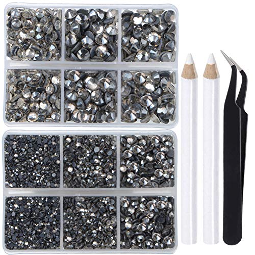 LPBeads 6400 Pieces Hotfix Rhinestones Transparent Black Flat Back 5 Mixed Sizes Crystal Round Glass Gems with Tweezers and Picking Rhinestones Pen - Image 1