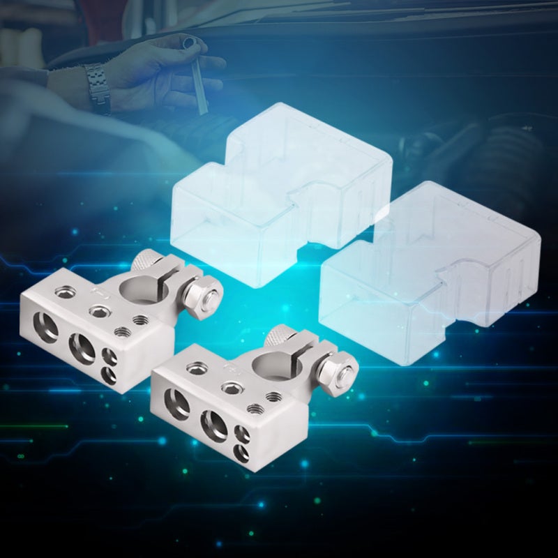 Car Battery Terminal: 2-Pack Silver Copper Alloy Nickel Plated Clamp - 4 Wiring Holes For 0/1 2 4 8 AWG Gauge, Anti-Oxidation Secure Wire Connector With Transparent Plastic Cover for Car Battery Maint - Image 2