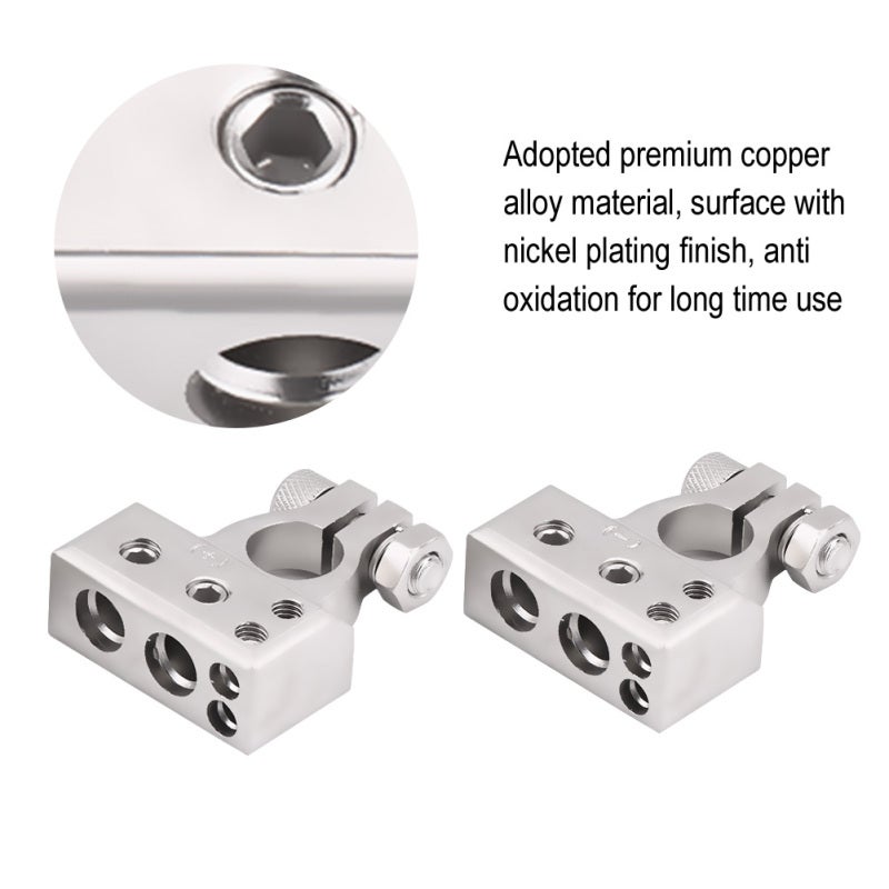 Car Battery Terminal: 2-Pack Silver Copper Alloy Nickel Plated Clamp - 4 Wiring Holes For 0/1 2 4 8 AWG Gauge, Anti-Oxidation Secure Wire Connector With Transparent Plastic Cover for Car Battery Maint - Image 4