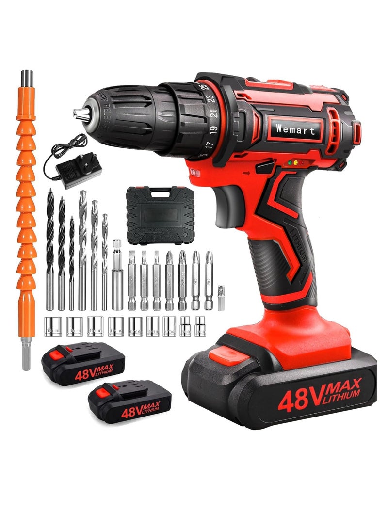 48V Cordless Drill Set, Electric Drill, Max 40 N/m, 25 + 1 Stage Torque Adjustment, Speed Adjustment Function, Forward and Reverse Switching, LED Light, 2 Batteries Included (red)  - Image 1
