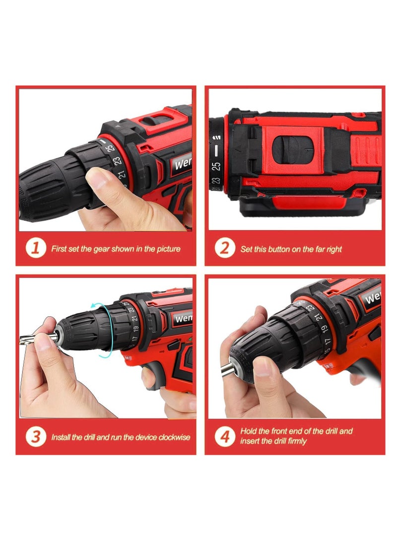 48V Cordless Drill Set, Electric Drill, Max 40 N/m, 25 + 1 Stage Torque Adjustment, Speed Adjustment Function, Forward and Reverse Switching, LED Light, 2 Batteries Included (red)  - Image 3