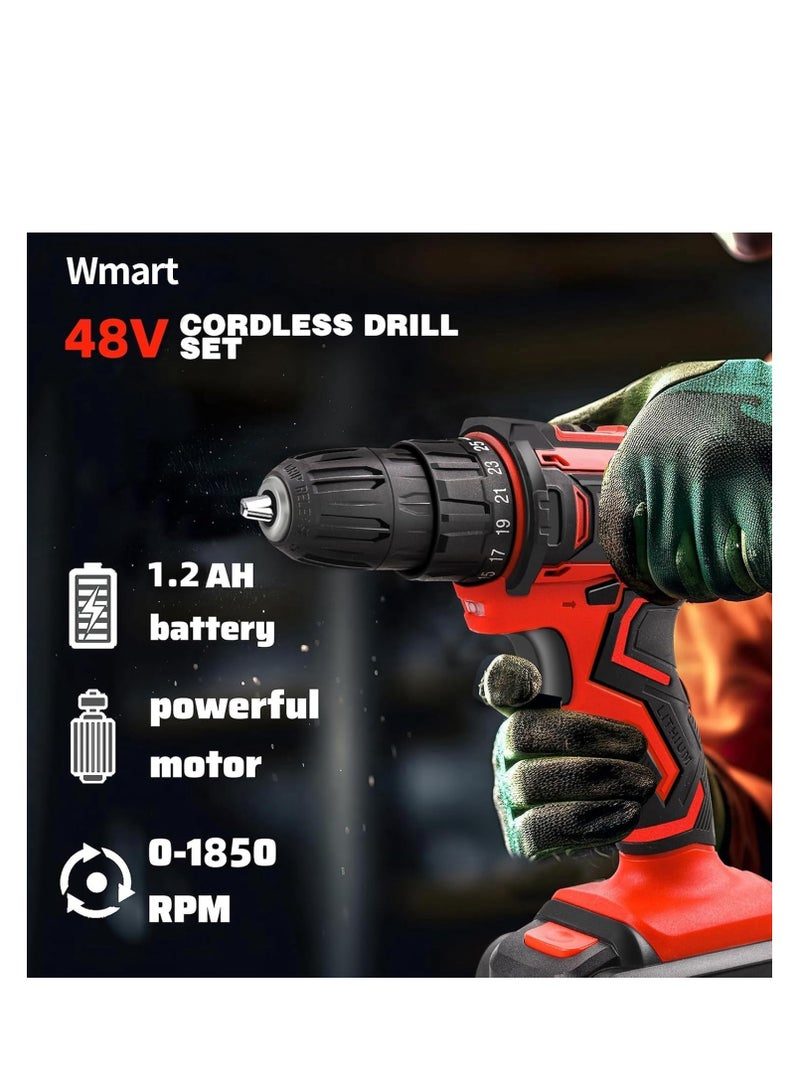 48V Cordless Drill Set, Electric Drill, Max 40 N/m, 25 + 1 Stage Torque Adjustment, Speed Adjustment Function, Forward and Reverse Switching, LED Light, 2 Batteries Included (red)  - Image 2