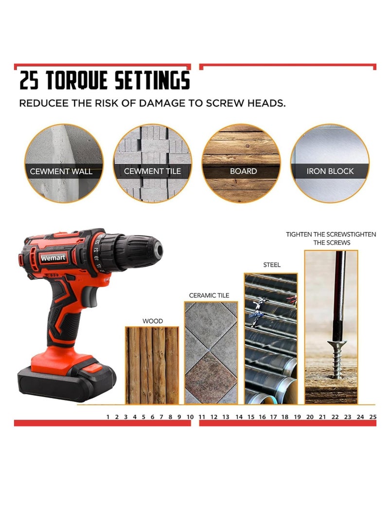 48V Cordless Drill Set, Electric Drill, Max 40 N/m, 25 + 1 Stage Torque Adjustment, Speed Adjustment Function, Forward and Reverse Switching, LED Light, 2 Batteries Included (red)  - Image 5