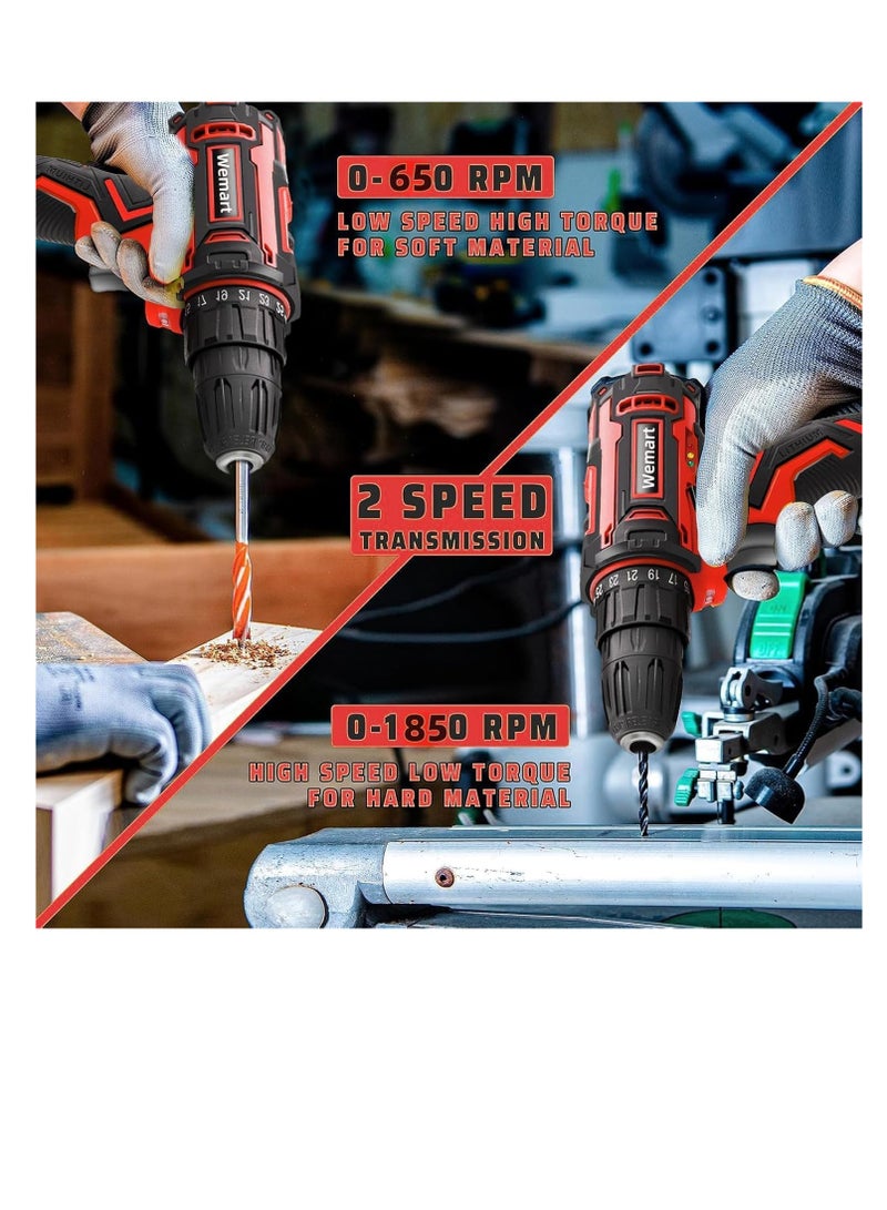 48V Cordless Drill Set, Electric Drill, Max 40 N/m, 25 + 1 Stage Torque Adjustment, Speed Adjustment Function, Forward and Reverse Switching, LED Light, 2 Batteries Included (red)  - Image 4