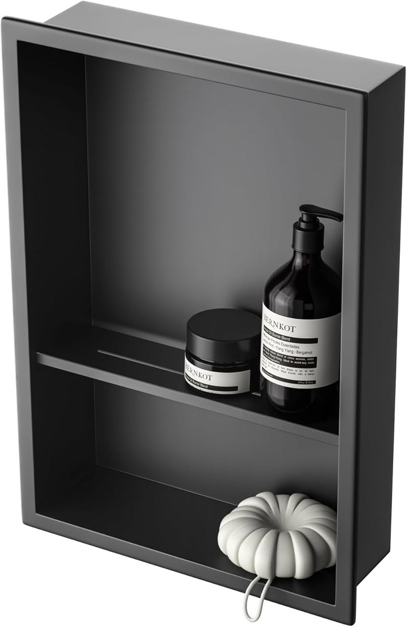 Bernkot Stainless Steel Shower Niche 18" X 12" Matte Black No Tile Needed Niche for Shower Wall with Two-Tier Shelves Recessed Wall Niches for Bathroom Storage Over Mount Installation - Image 1