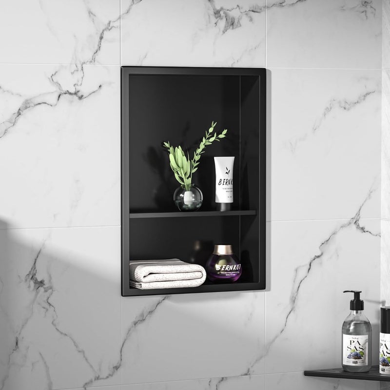 Bernkot Stainless Steel Shower Niche 18" X 12" Matte Black No Tile Needed Niche for Shower Wall with Two-Tier Shelves Recessed Wall Niches for Bathroom Storage Over Mount Installation - Image 2
