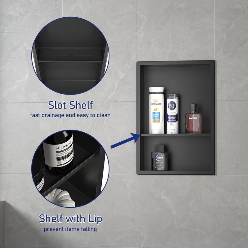 Bernkot Stainless Steel Shower Niche 18" X 12" Matte Black No Tile Needed Niche for Shower Wall with Two-Tier Shelves Recessed Wall Niches for Bathroom Storage Over Mount Installation - Image 4