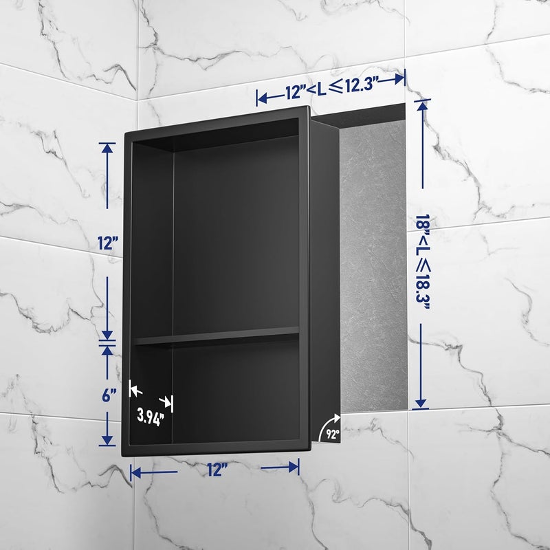 Bernkot Stainless Steel Shower Niche 18" X 12" Matte Black No Tile Needed Niche for Shower Wall with Two-Tier Shelves Recessed Wall Niches for Bathroom Storage Over Mount Installation - Image 3