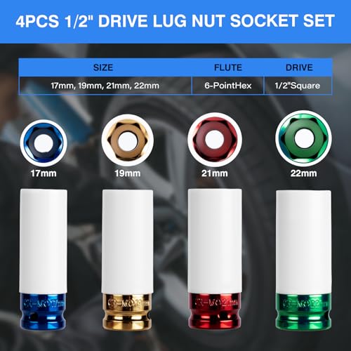 TUZkozs 12 Drive Wheel Protector Impact Socket NonMarring Lug Nut Thin Wall Deep Socket Set CRMO 6 Point ColorCoded Protective Socket Metric 17 19 21 22 mm 4 PCS - Image 3
