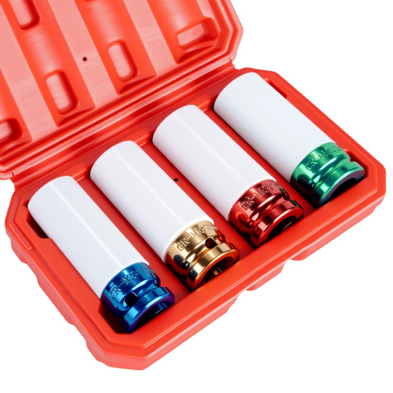 TUZkozs 12 Drive Wheel Protector Impact Socket NonMarring Lug Nut Thin Wall Deep Socket Set CRMO 6 Point ColorCoded Protective Socket Metric 17 19 21 22 mm 4 PCS - Image 2