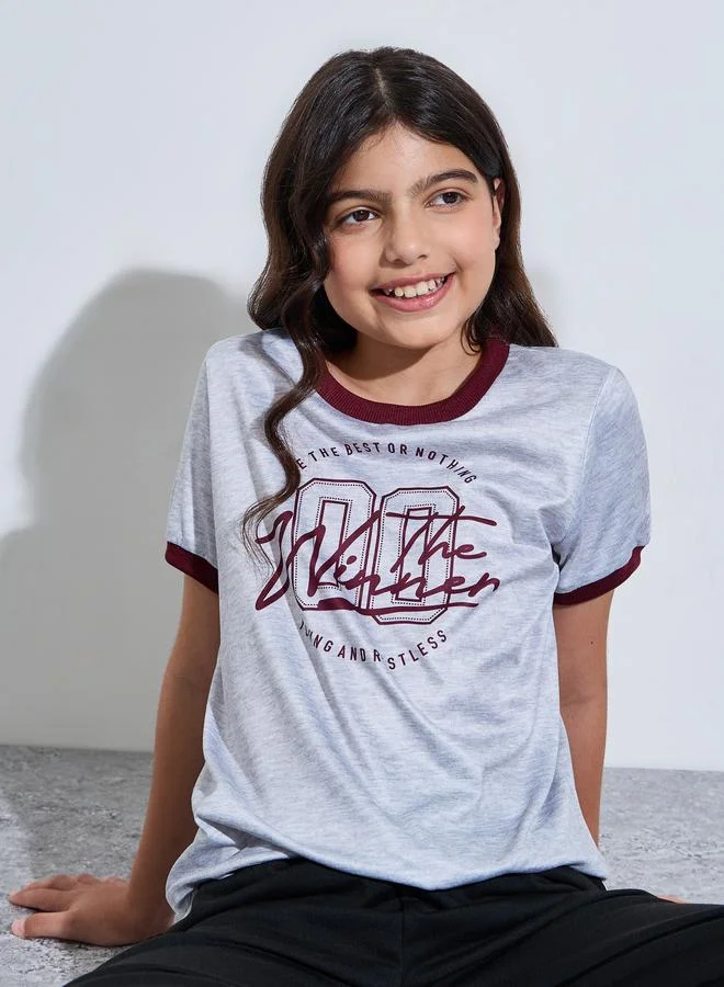 Styli Teen Girls Grey Regular Fit Printed Ringer T-Shirt