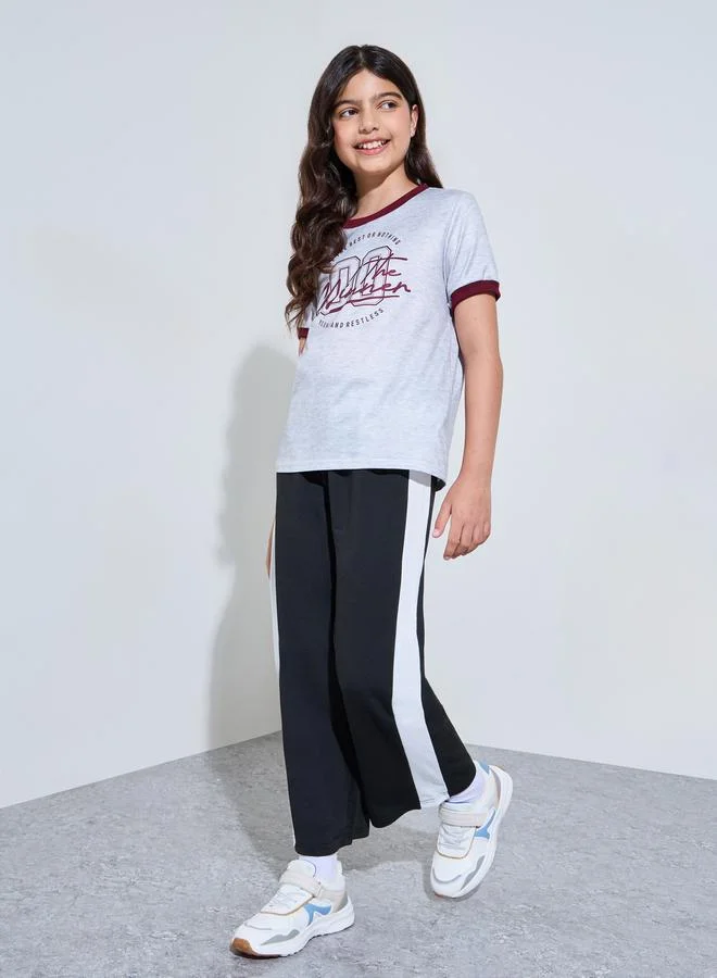 Styli Teen Girls Grey Regular Fit Printed Ringer T-Shirt