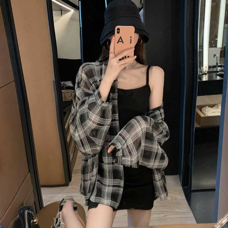 Vintage Checkered Chiffon Shirt Lightweight Open Front Coat Plaid shirt
