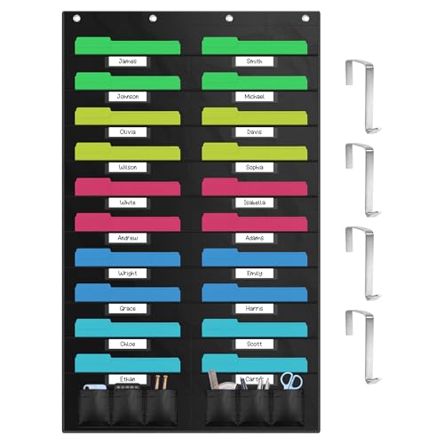 ZKOO 20 Pockets Hanging Wall File Organizer for A4 Size Paper/Legal/Letter Size Document, Sturdy Wall Mail Organizer Black Pocket Great for Classroom, Office, Home Use with 4 Hangers 6 Pen Pocket - Image 1