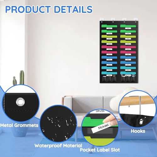 ZKOO 20 Pockets Hanging Wall File Organizer for A4 Size Paper/Legal/Letter Size Document, Sturdy Wall Mail Organizer Black Pocket Great for Classroom, Office, Home Use with 4 Hangers 6 Pen Pocket - Image 3