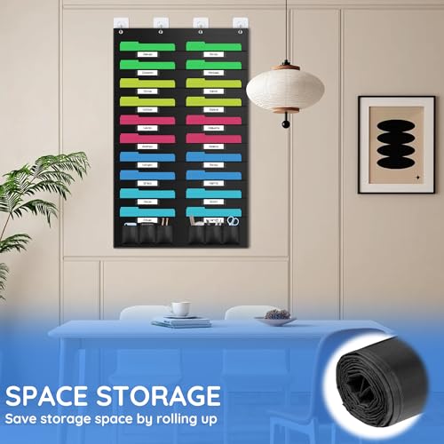 ZKOO 20 Pockets Hanging Wall File Organizer for A4 Size Paper/Legal/Letter Size Document, Sturdy Wall Mail Organizer Black Pocket Great for Classroom, Office, Home Use with 4 Hangers 6 Pen Pocket - Image 5