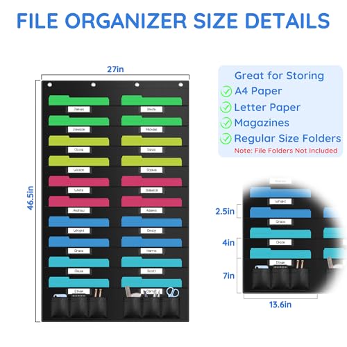 ZKOO 20 Pockets Hanging Wall File Organizer for A4 Size Paper/Legal/Letter Size Document, Sturdy Wall Mail Organizer Black Pocket Great for Classroom, Office, Home Use with 4 Hangers 6 Pen Pocket - Image 2