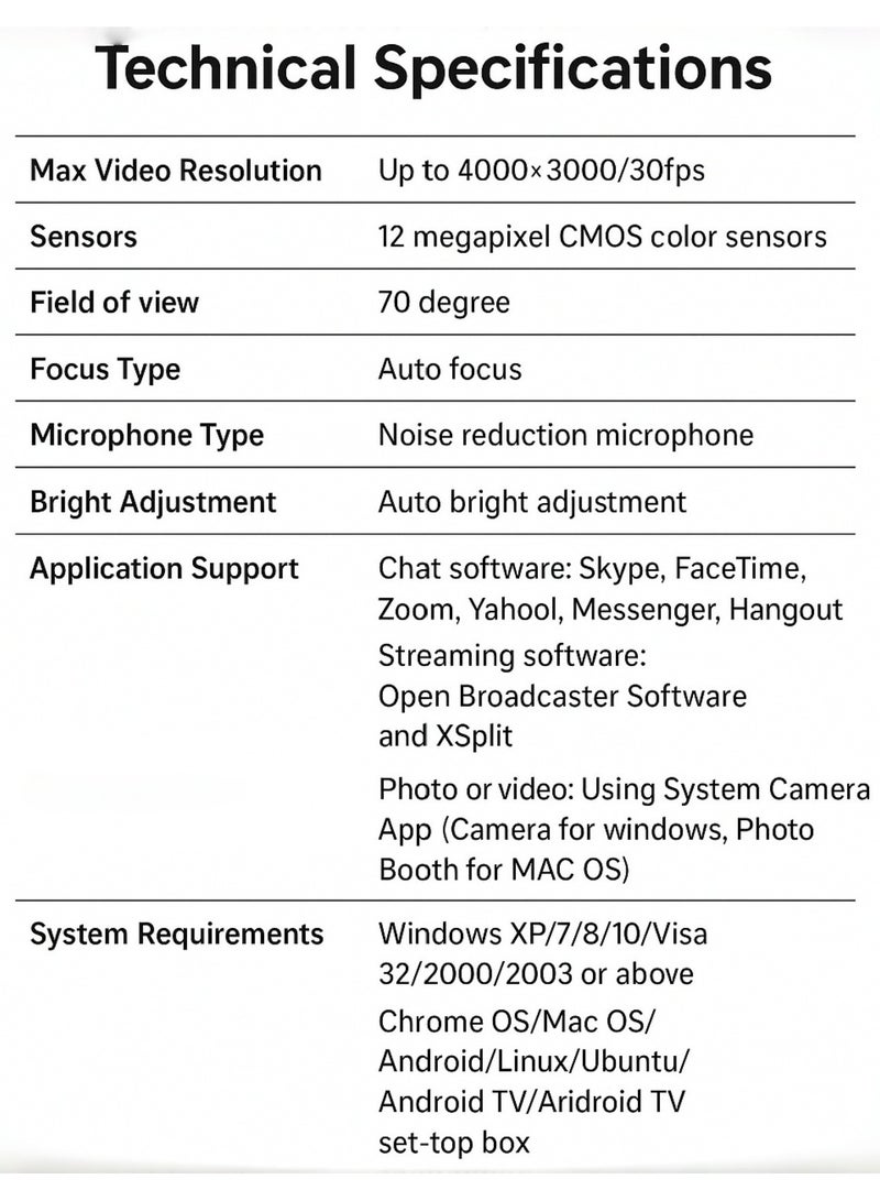 كاميرا ويب 4K للكمبيوتر بميكروفون مزدوج، بدقة تصل إلى 4000*3000، مستشعر 12 ميجابكسل يضمن صورًا واضحة ومستقرة، تركيز تلقائي، توصيل USB وتشغيل فوري. كاميرا بث مثالية لـ Zoom، YouTube، الألعاب، Teams، Google Meet. - Image 2