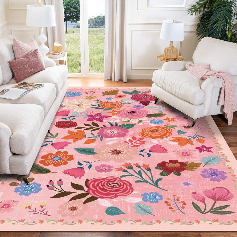 moonysweet Washable Boho Area Rug 3'×5' Hot Pink Large Living Room Rug Floral Non-Slip Color Soft Oriental Vintage Bedroom Carpet Dining Room Nursery Home Office Indoor Decor - Image 1