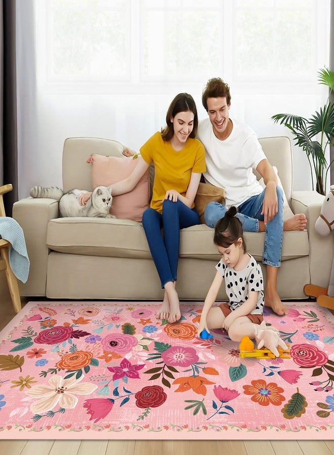 moonysweet Washable Boho Area Rug 3'×5' Hot Pink Large Living Room Rug Floral Non-Slip Color Soft Oriental Vintage Bedroom Carpet Dining Room Nursery Home Office Indoor Decor - Image 2