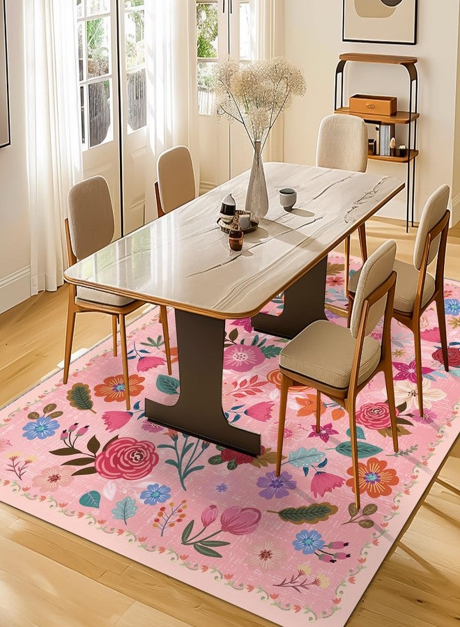 moonysweet Washable Boho Area Rug 3'×5' Hot Pink Large Living Room Rug Floral Non-Slip Color Soft Oriental Vintage Bedroom Carpet Dining Room Nursery Home Office Indoor Decor - Image 3