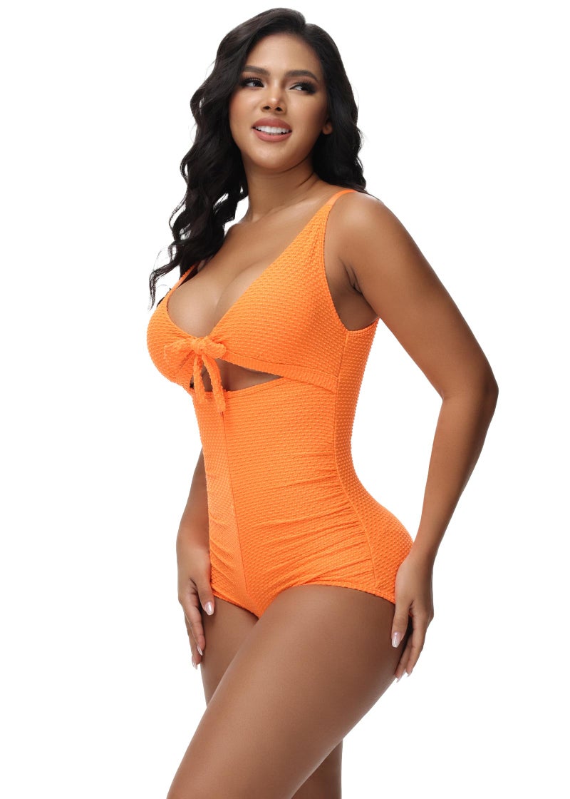 SHAPSHE One Piece Swimsuit for Women Tummy Control Bathing Suits Tie Knot Front Cutout Adjustable Straps Ruched Swimwear Orange - Image 2
