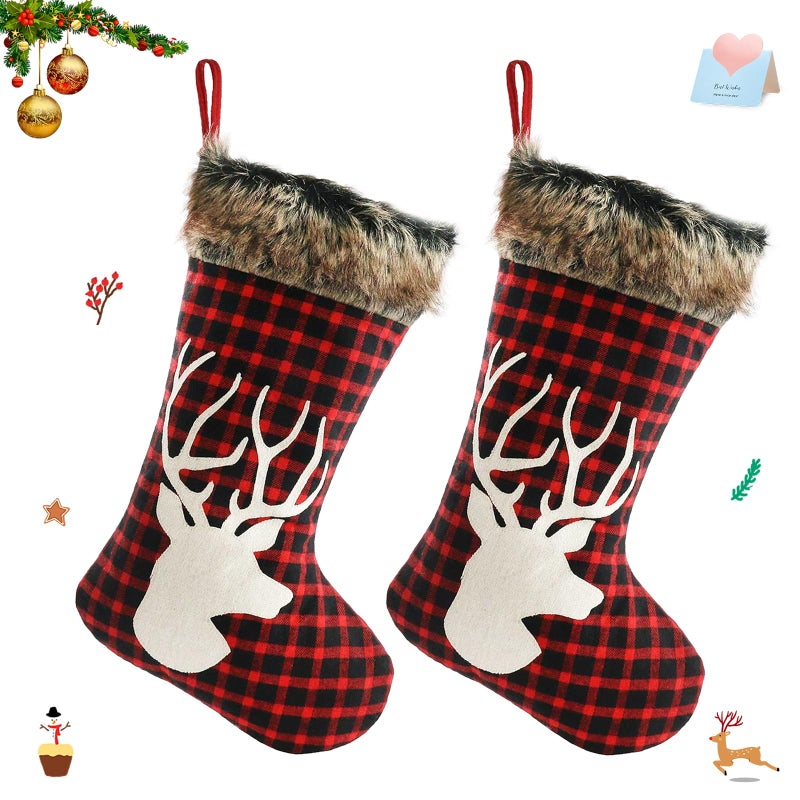 Houwsbaby 2 Pcs Christmas Stockings Set Large Plaid Holders with Reindeer and Plush Faux Fur Cuff Gift Bag for Family Holiday Xmas Party Decorations Red 20 inches