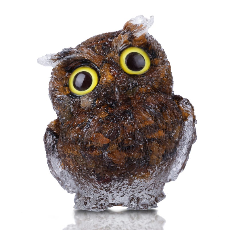 Reyife HandCarved Natural Crystal Owl Statue Reiki Healing Gemstone Animal Figurines Home Office Car Decoration The Best Gifts 24 inches Tiger Eyes Stone