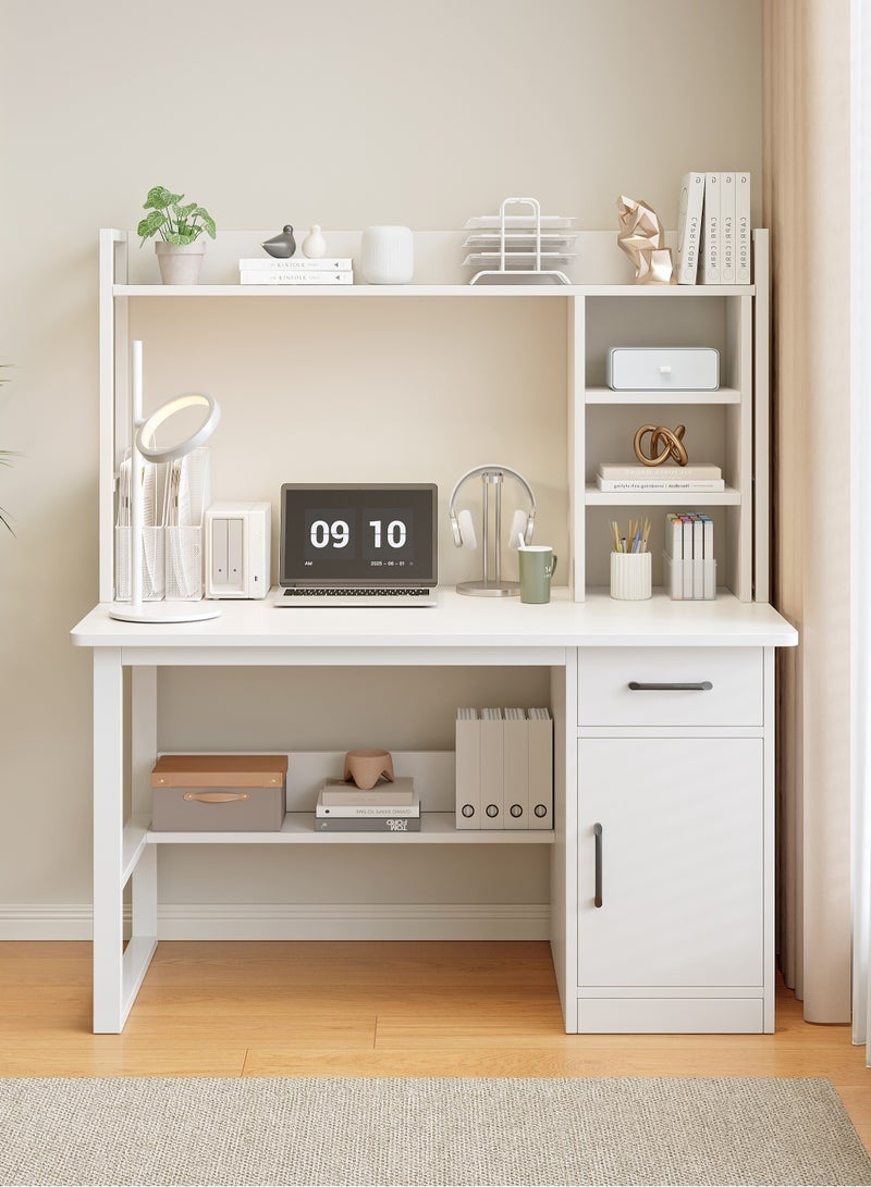 مكتب كمبيوتر مع رف كتب ودرج وخزانة تخزين، طاولة عمل للمكتب المنزلي، طاولة دراسة للأولاد والبنات مع مساحة تخزين للطلاب، مكتب للأطفال للكتابة والقراءة والتعلم (أبيض، YN116) - Image 1