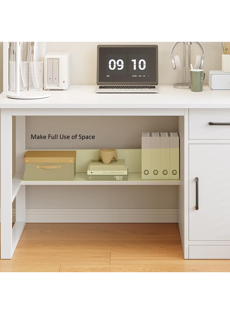 مكتب كمبيوتر مع رف كتب ودرج وخزانة تخزين، طاولة عمل للمكتب المنزلي، طاولة دراسة للأولاد والبنات مع مساحة تخزين للطلاب، مكتب للأطفال للكتابة والقراءة والتعلم (أبيض، YN116) - Image 4