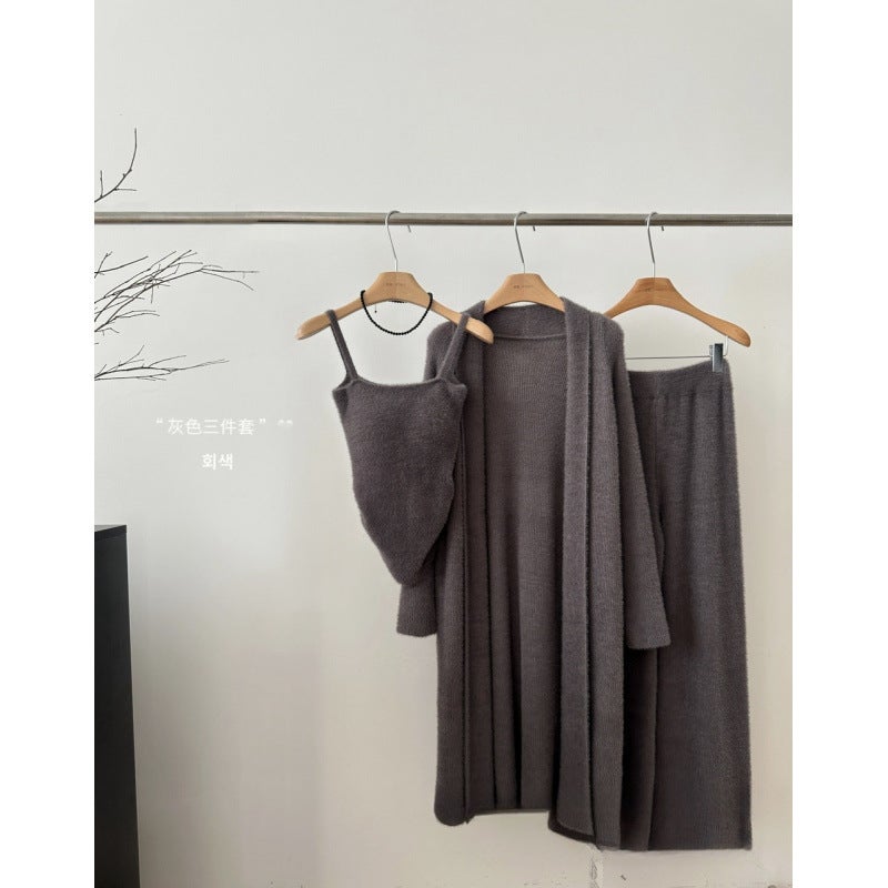 French Style Lazy Style Loose Long Imitation Mink Cashmere Jacket Autumn European Station Vest Wide-leg Pants Three-piece Set Black - Image 2