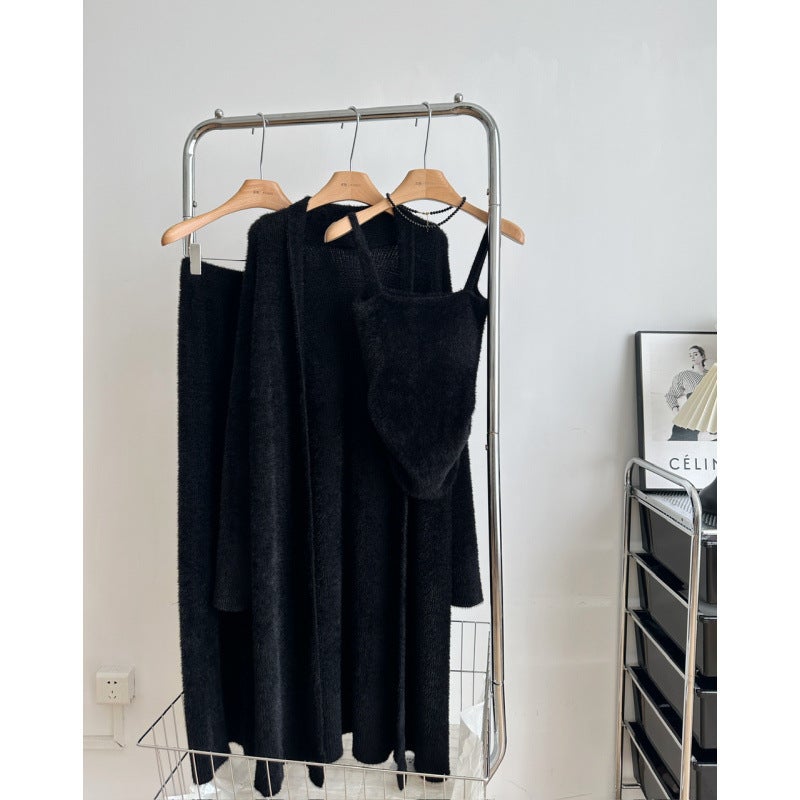 French Style Lazy Style Loose Long Imitation Mink Cashmere Jacket Autumn European Station Vest Wide-leg Pants Three-piece Set Black - Image 1