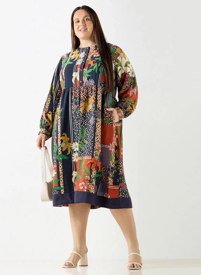 Ulla Popken Plus Size Ulla Popken All-Over Floral Print Midi Dress with Long Sleeves