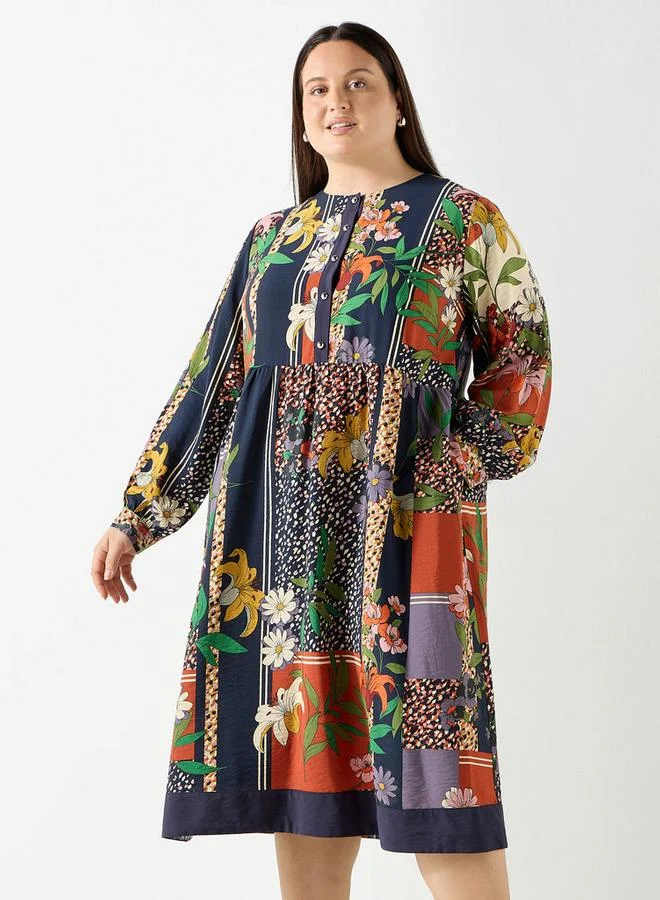 Ulla Popken Plus Size Ulla Popken All-Over Floral Print Midi Dress with Long Sleeves