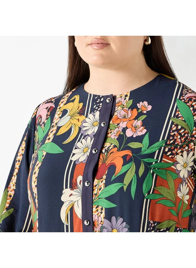 Ulla Popken Plus Size Ulla Popken All-Over Floral Print Midi Dress with Long Sleeves