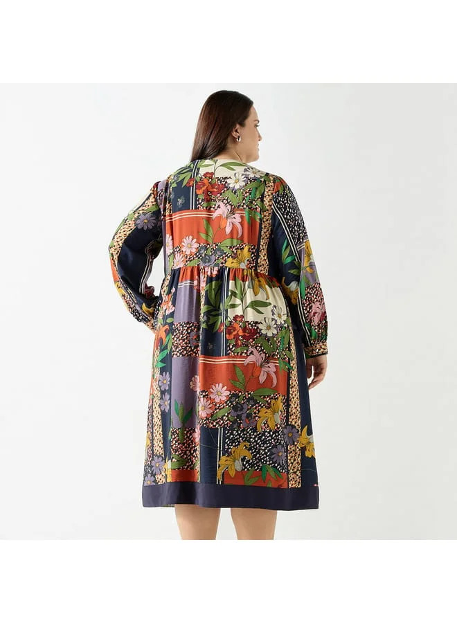 Ulla Popken Plus Size Ulla Popken All-Over Floral Print Midi Dress with Long Sleeves