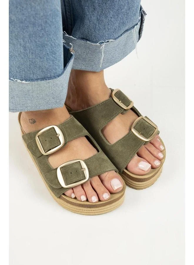 Manijero Selina Women's Leather Double Buckle Khaki Slippers - Khaki