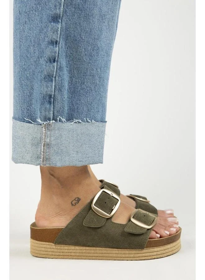 Manijero Selina Women's Leather Double Buckle Khaki Slippers - Khaki