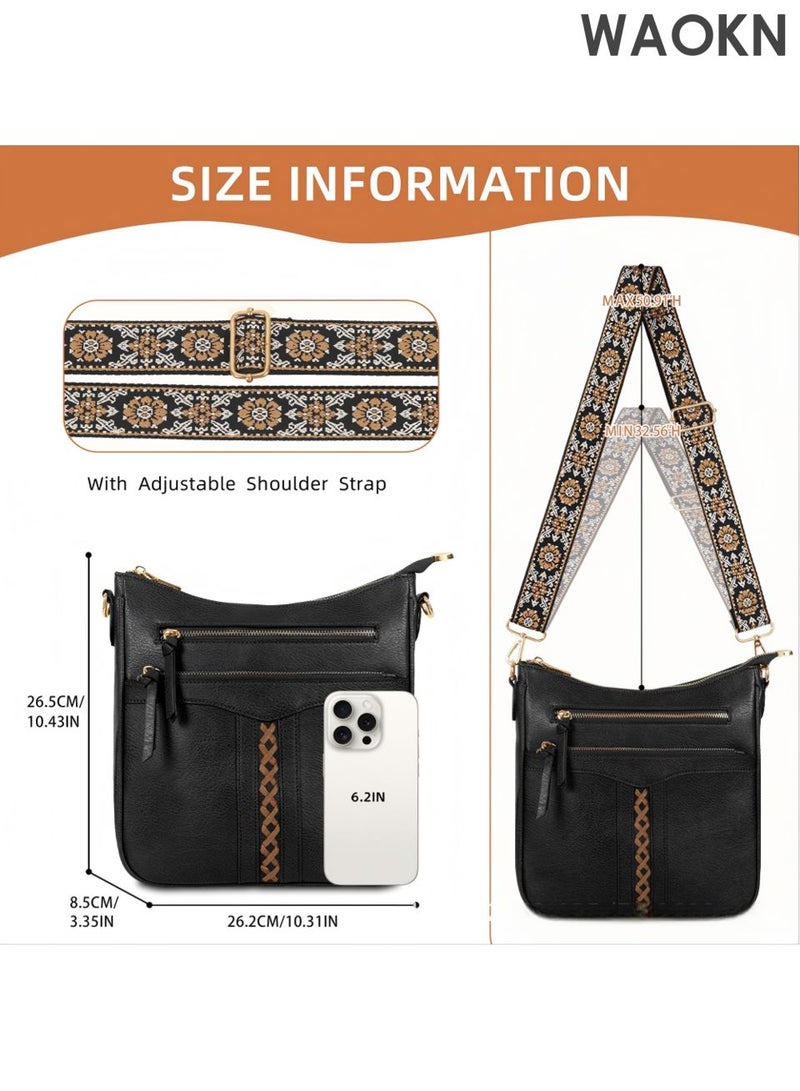 WAOKN Cross Body Bag Women and men , PU Leather Women and men's Cross-body Bags with Adjustable Wide Shoulder Strap Crossbody Bags for Womenand men , with Multiple Pockets ,Suitable for work, school, shopping, and travel , unisex , Black . - Image 5