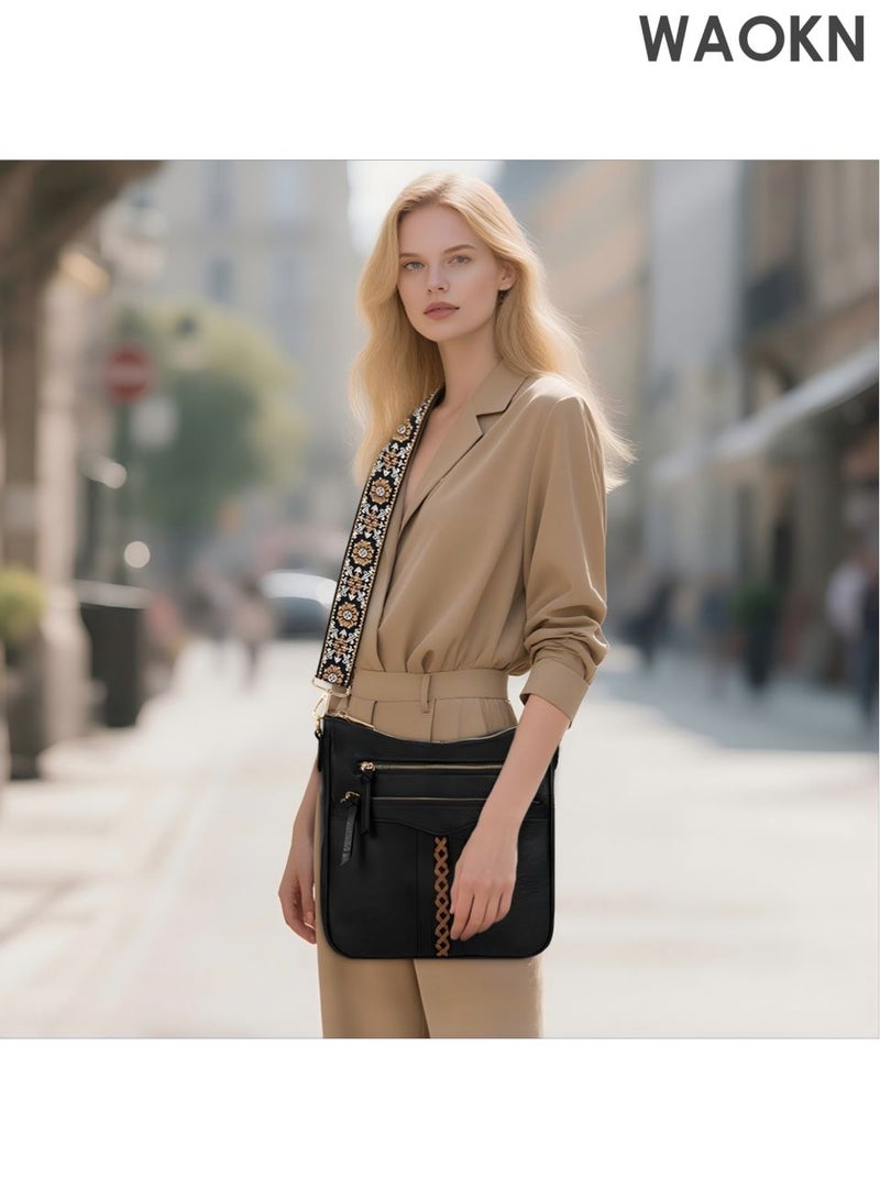 WAOKN Cross Body Bag Women and men , PU Leather Women and men's Cross-body Bags with Adjustable Wide Shoulder Strap Crossbody Bags for Womenand men , with Multiple Pockets ,Suitable for work, school, shopping, and travel , unisex , Black . - Image 4