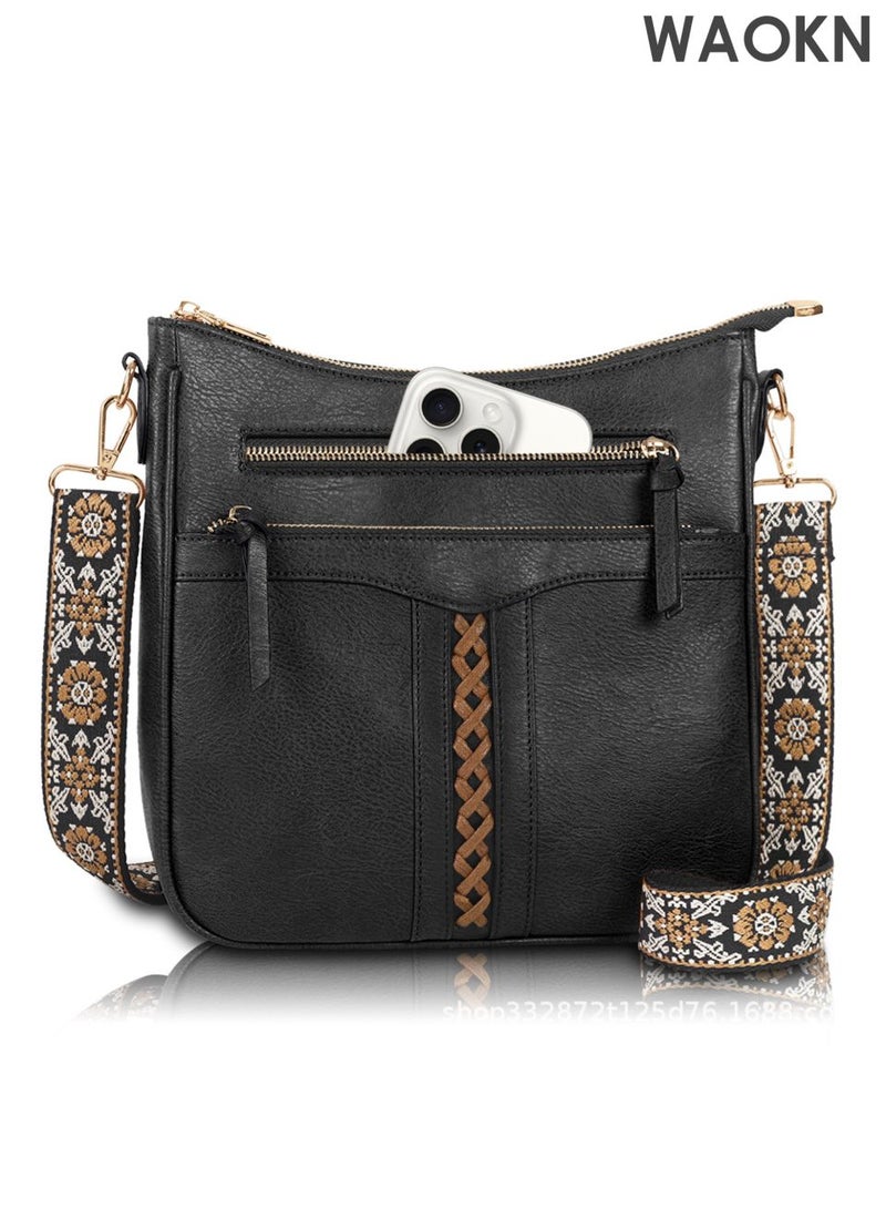 WAOKN Cross Body Bag Women and men , PU Leather Women and men's Cross-body Bags with Adjustable Wide Shoulder Strap Crossbody Bags for Womenand men , with Multiple Pockets ,Suitable for work, school, shopping, and travel , unisex , Black . - Image 1