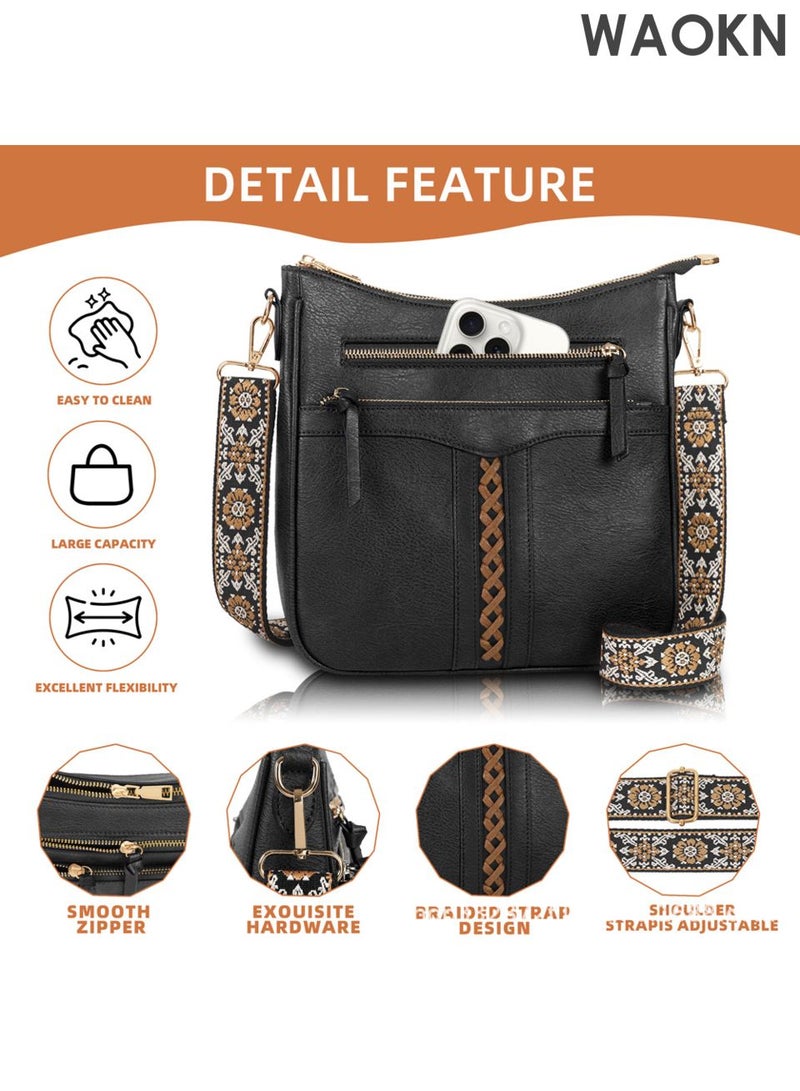 WAOKN Cross Body Bag Women and men , PU Leather Women and men's Cross-body Bags with Adjustable Wide Shoulder Strap Crossbody Bags for Womenand men , with Multiple Pockets ,Suitable for work, school, shopping, and travel , unisex , Black . - Image 3