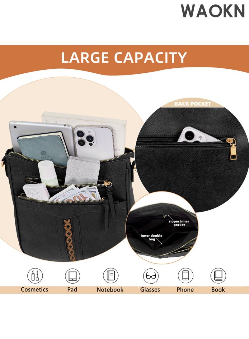 WAOKN Cross Body Bag Women and men , PU Leather Women and men's Cross-body Bags with Adjustable Wide Shoulder Strap Crossbody Bags for Womenand men , with Multiple Pockets ,Suitable for work, school, shopping, and travel , unisex , Black . - Image 2