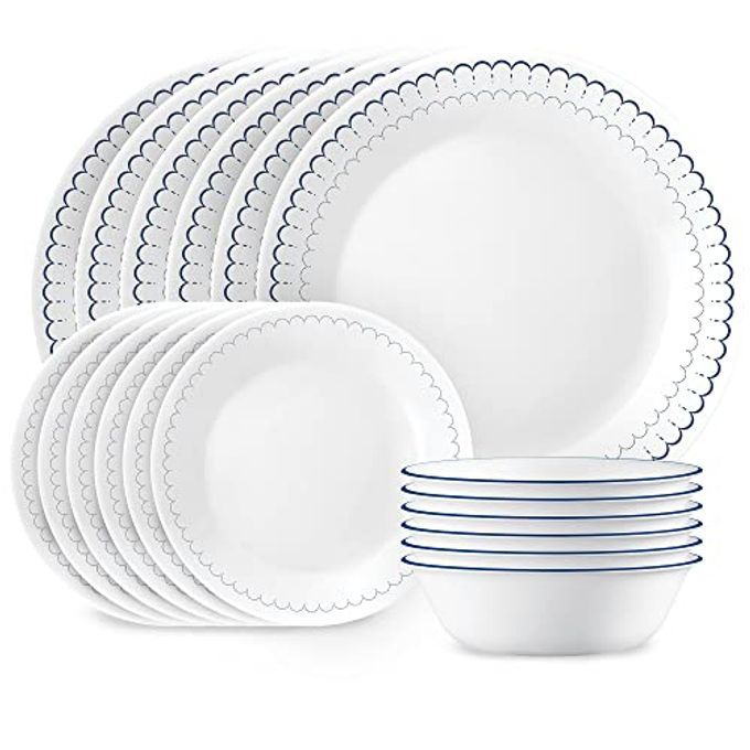 Corelle 18-Piece Dinnerware Set Service for 6, Lightweight Round Plates and Bowls Set, Vitrelle Triple Layer Glass, Chip Resistant, Microwave and Dishwasher Safe, Caspian