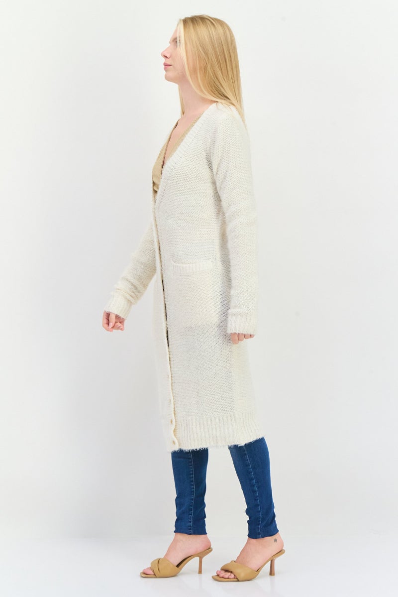 DEX Women V-Neck Long Sleeve Textured Cardigan, White  - Image 3