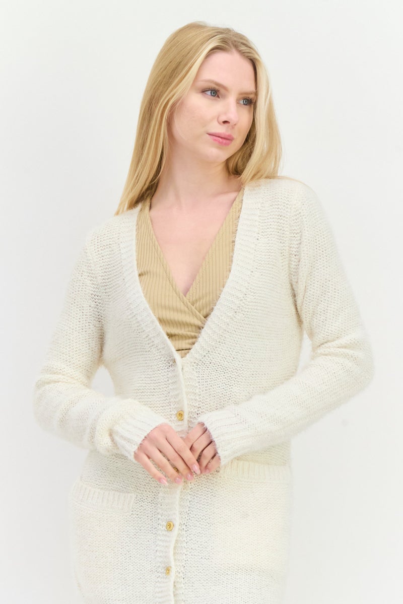 DEX Women V-Neck Long Sleeve Textured Cardigan, White  - Image 4
