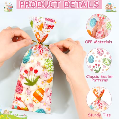 ZYLOP 50 Pcs Easter Cellophane Treat Bags - 5 x 11 Inch Clear Easter Goodie Bags with 60 Gold Ties for Cookies, Snacks, Party Favors & Gift Packaging, 2.8 Mil Thick Plastic Easter Candy Bag for Kids - Image 4