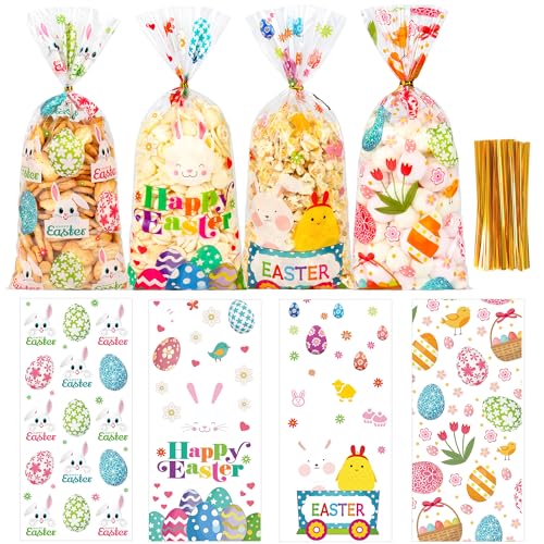 ZYLOP 50 Pcs Easter Cellophane Treat Bags - 5 x 11 Inch Clear Easter Goodie Bags with 60 Gold Ties for Cookies, Snacks, Party Favors & Gift Packaging, 2.8 Mil Thick Plastic Easter Candy Bag for Kids - Image 1
