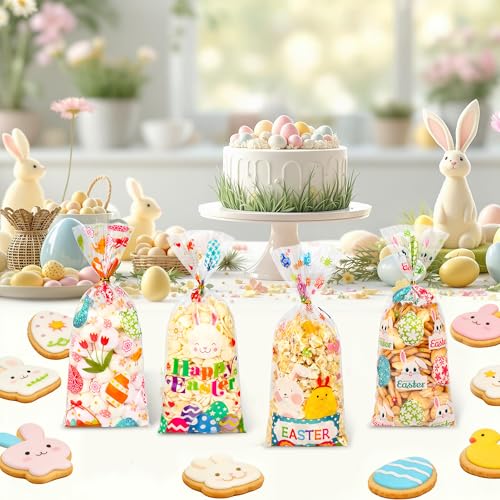 ZYLOP 50 Pcs Easter Cellophane Treat Bags - 5 x 11 Inch Clear Easter Goodie Bags with 60 Gold Ties for Cookies, Snacks, Party Favors & Gift Packaging, 2.8 Mil Thick Plastic Easter Candy Bag for Kids - Image 3